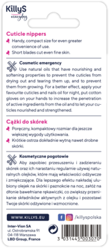 KillyS Cążki do skórek, tył opakowania: granatowe z opisem cech produktu, instrukcją i kodem kreskowym.