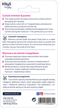 Tył opakowania KillyS Cuticle Trimmer & Pusher. Biała karta z różowymi nagłówkami, opis produktu po angielsku i polsku.