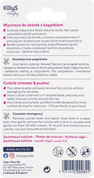 Tył opakowania KillyS wycinacza do skórek z kopytkiem. Białe tło, opis i instrukcje po polsku i angielsku.