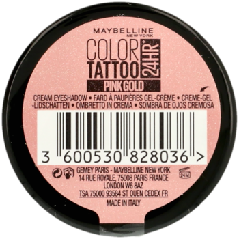 Spód okrągłego, czarnego opakowania Maybelline Color Tattoo 24HR Pink Gold Cream Eyeshadow z kodem kreskowym.