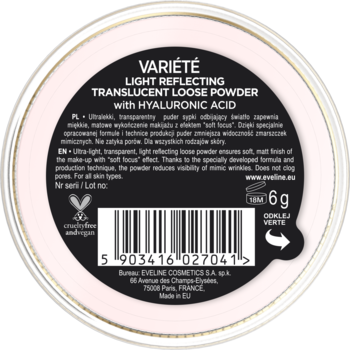 Górny widok pudru Eveline Variété Light Reflecting Translucent Loose Powder z kwasem hialuronowym.