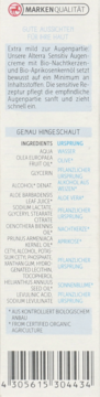 Białe pudełko kremu Alterra Sensitive Eye Cream, przód z logo, listą składników i kodem kreskowym.