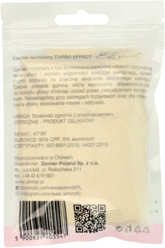 Tył przezroczystego opakowania beżowego czepka termicznego TURBO EFFECT z polskim opisem produktu.