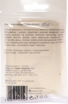 Tył opakowania foliowego czepka termicznego z gumką do pielęgnacji włosów. Widoczne dane i kod kreskowy.