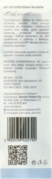 Biały tył opakowania trzyczęściowego zestawu do strzyżenia włosów, z opisem i kodami.