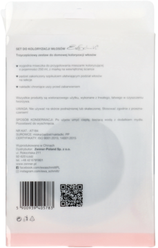 Tył białego opakowania zestawu Elis Schmitt do domowej koloryzacji włosów, z opisem miseczki, pędzla i nakładek.