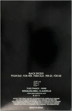 Tył czarnego opakowania Paco Rabanne Black XS for Her, z białym tekstem i danymi producenta Puig.