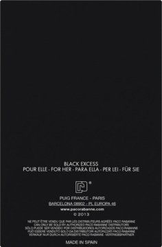 Tył czarnego opakowania Paco Rabanne Black XS for Her wody toaletowej z białym tekstem, Made in Spain.
