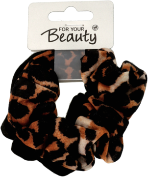 Puszysta frotka do włosów w cętki lamparta z brązowym i czarnym wzorem, z białą metką "FOR YOUR Beauty".