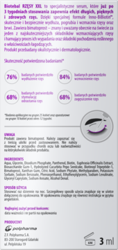 Fioletowo-biała etykieta serum Biotebal RZĘSY XXL z wynikami badań skuteczności: 76% wydłużenia rzęs.