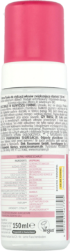 Tył białej butelki pianki do włosów Papaja Bio & Bambus 150ml, z różową nakrętką i listą składników.