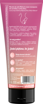 Różowo-pomarańczowy tył tubki Mleczka do ciała Malina Body in Balance 200 ml z polskim opisem i kodem kreskowym.