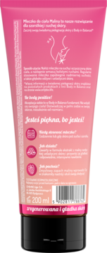 Tył różowego mleczka do ciała Malina 200 ml, z hasłem 'Jesteś piękna, bo jesteś!' i kodem kreskowym.