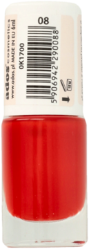 Czerwony lakier do paznokci Ados Aromatic, butelka 6ml, tył z etykietą i kodem kreskowym 08.