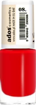 Czerwony lakier do paznokci Ados Aromatic nr 08 o truskawkowym zapachu, w butelce, widok z przodu.