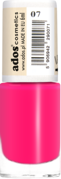 Ados lakier Aromatic, butelka z neonowym różowym lakierem arbuza, biała nakrętka "07", widok z przodu.