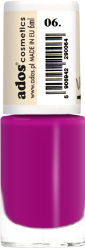 Fioletowy lakier do paznokci Ados Aromatic, butelka z białym korkiem i numerem 06, widok z przodu.