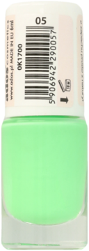 Lakier do paznokci Ados Aromatic zielony kiwi, butelka 6ml z białą nakrętką i kodem 05, widok z przodu.