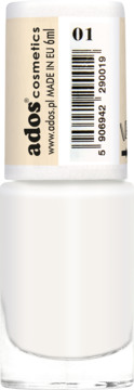 Biały lakier do paznokci Ados Aromatic 01, z kokosowym zapachem. Widok butelki z etykietą na zakrętce.