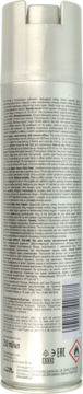 Tył srebrnego lakieru do włosów dla objętości, z drobnym tekstem i symbolami bezpieczeństwa.