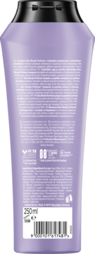 Tył fioletowej butelki szamponu Schwarzkopf Gliss Blonde Perfector 250ml z etykietą, składem i kodem kreskowym.