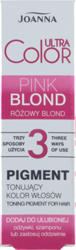 Joanna Ultra Color Pink Blond tonujący pigment do włosów w biało-różowym opakowaniu, widok z przodu.