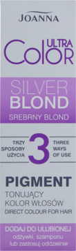 Joanna Ultra Color Silver Blond pigment tonujący do włosów. Szare pudełko z fioletem, widok z przodu. 3 sposoby użycia.