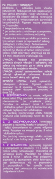 Etykieta PL Pigment Tonujący: instrukcje aplikacji na włosy (3 sposoby), ostrzeżenia, fioletowe tło, biały tekst.
