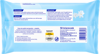 Tył opakowania domol uniwersalnych ściereczek nawilżanych, 50 sztuk, błękitne z grafiką białych kwiatów.