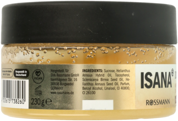 Tył słoika Isana peeling cukrowo-olejowy z Marula, widoczne składniki, logo Rossmann, 230g.