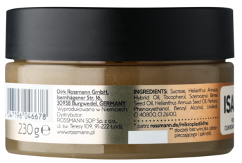 Tył brązowego słoiczka Isana Moments of Marula peeling cukrowo-olejowy z olejem marula, widoczne składniki i 230g.