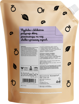 Tył opakowania naturalnego mydła w płynie Mandarynka i Malina 1000ml, z informacjami i składem.
