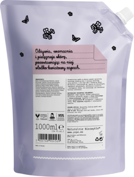 Tył fioletowej torebki uzupełniającej mydła w płynie Bez i Wanilia 1000ml, widoczne etykiety i napisy.