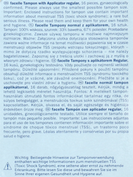 Biała ulotka informacyjna facelle Tampony Normal z aplikatorem 16 sztuk, z tekstem w wielu językach.