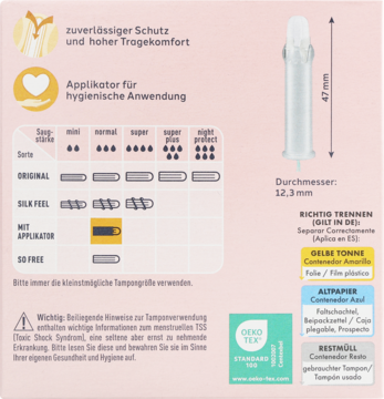 Opakowanie facelie Tampony Normal z aplikatorem. Tabela chłonności i wymiary aplikatora na różowym tle.
