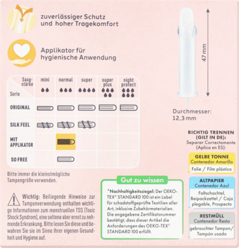 Infografika tamponów facelie Normal z aplikatorem, prezentująca wymiary i tabelę rozmiarów z wyróżnionym typem Normal.