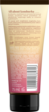 Tył tubki peelingu Onlybio All about kombucha, beżowo-różowa, z czarną nakrętką i składnikami.