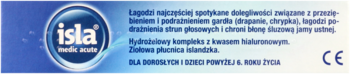Niebieska etykieta Isla med acute z logo w okręgu, opisująca preparat na gardło z kwasem hialuronowym i płucnicą islandzką.