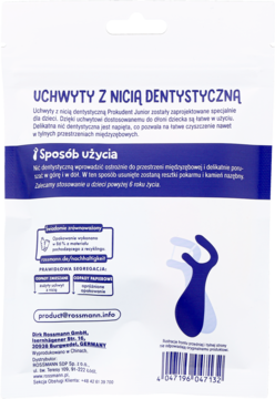 Tył opakowania nici dentystycznych Prokudent Junior dla dzieci, z instrukcją użycia i niebieską grafiką.