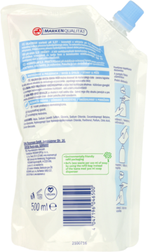 Isana Med balsam do mycia, tył białej saszetki 500ml z pH 5.5 i opisem delikatnego oczyszczania.