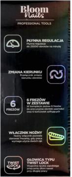 Czarne opakowanie Bloom Nails Professional Tools, szczegółowe cechy frezarki do paznokci z ikonami i tekstem.