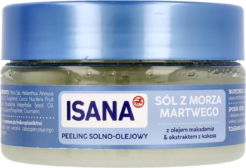 Isana peeling Morze Martwe z kokosem i makadamią w przezroczystym słoiku z niebieską pokrywką, widok z przodu.