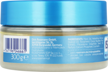 Tył słoika Isana peeling solno-olejowy Morze Martwe z olejem makadamia, 300g, niebieska nakrętka, skład.