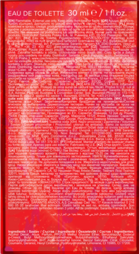 Tył czerwonego opakowania damskiej wody toaletowej C-THRU LOVE WHISPER 30ml z listą składników i tekstem.