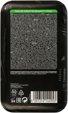 Tył czarnej butelki STR8 FREAK Eau de Toilette 50ml, widok informacyjny z białym tekstem i kodem kreskowym.