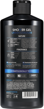 Tył czarnej butelki Shower Gel Urban Cologne Nature z pełną listą składników i informacją o 97% naturalnych składnikach.