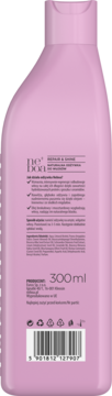 Tył różowej butelki odżywki Neboa Repair & Shine 300ml. Widoczne informacje o składnikach i kod EAN.