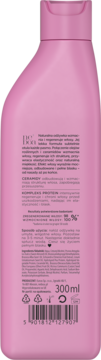 Tył różowej, regenerującej odżywki Neboa Repair & Shine 300ml. Widoczny polski skład, kod kreskowy i ikony recyklingu.