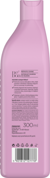 Tył różowej butelki szamponu Neboa Repair & Shine, 300ml, z opisem składu naturalnego i użytku.
