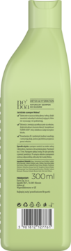 Tył zielonej butelki szamponu Neboa Detox & Hydration 300ml, widoczny opis działania i składniki.